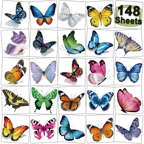CHARLENT 148 Individually Sheets Butterfly Temporary Tattoos for Girls Women - 3D Realistic Butterfly Tattoos for Kids Birthday Party Favors Goodie Bag Fillers