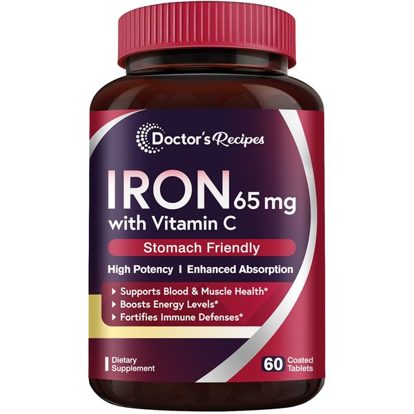 Doctor's Recipes Iron Supplement 65 mg with Vitamin C - Maximized Absorption & Stomach Friendly Iron Pills for Red Blood Cells Formation, Heart, Brain & Immunity Health - Vegan Non-GMO 60 Iron Tablets