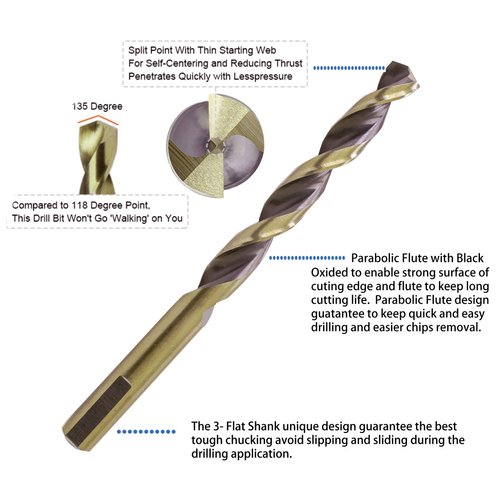 Hss Drill Bits 5/16 in. Jobber Twist Parabolic Flute Golden/Black 3-Flat Shank Drill Steel Metal-5Pcs