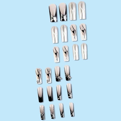 IMSOHOT Press on Nails Long Square Shape Fake Nails Full Cover Y2K Black White Acrylic False Nails with Bling Metal Charms Designs Glossy Glue on Nails French Nail Tips for Women and Girls 24Pcs
