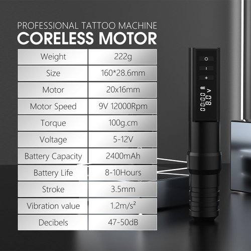 Wireless Tattoo Gun - Rotary Tattoo Cartridge Pen Custom Coreless Motor 2400mAh Power Supply Digital LED Display Professional for Tattoo Artist