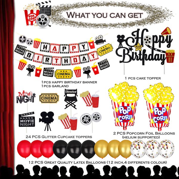 Movie Birthday Party Decoration Kit Happy Birthday Banner Movie Theme Garland Cake Cupcake Toppers Balloons for Movie Night Party Supplies