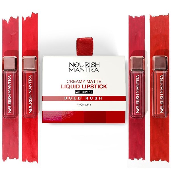 NOURISH MANTRA Matte Liquid Lipstick with SPF/Mini Lipstick/Water Proof/Smudge Proof/Transfer Proof/Long Lasting/For All Skin Tones/Set of - 4 (1.2ml Each)