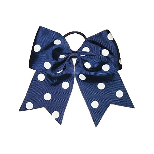 NEW "POLKA-DOT Navy Blue" Cheer Bow Pony Tail 7 Inch Girls Hair Cheerleading Practice Football Games Uniform Dance Hairbow Grosgrain Ribbon