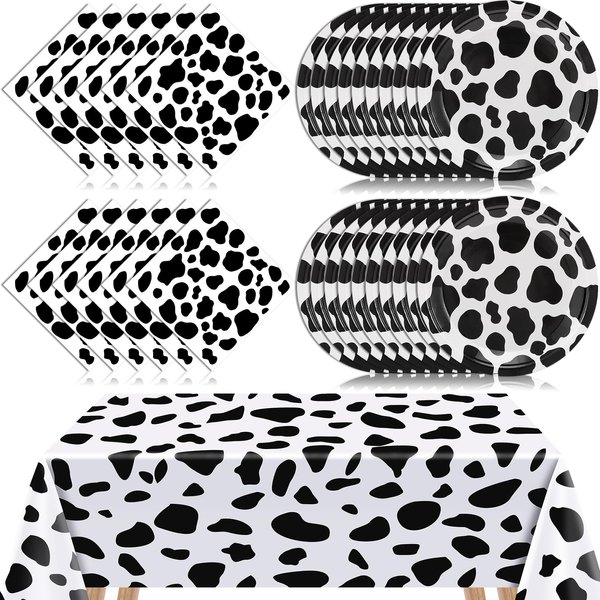 121 Pcs Cow Print Birthday Party Supplies,60 Cow Print Plates And 60 Cow Print Napkins 1 Cow Print Tablecloth,Farm Animal Barn Party Supplies Set for Cow Farm Theme Birthday Party Decorations