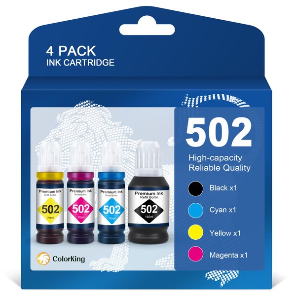 ColorKing Compatible Ink Bottle Replacement for 502 T502 Refill Ink for ET-2760 ET-2750 ET-3760 ET-4760 ET-3750 ET-4750 ET-3710 ET-15000 ET-3700 2700 Printer (Black, Cyan, Magenta, Yellow, 4 Pack)