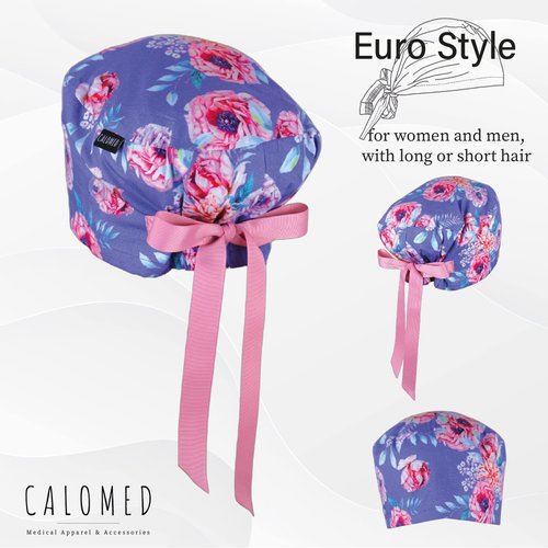 CALOMED Scrub Cap for Women and Men, Euro Style Scrub Caps, Working Hat, Head Cover with Ribbon Ties and Buttons, Long or Short Hair (Pink Peonies)