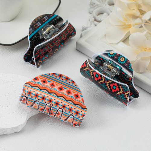 Bohemian Hair Claw Clips 3 Pack Boho Acrylic Hair Claw Clips for Women 3 Inch Fashion Strong Hold Banana Clips for Thick Thin Hair(0range-3)