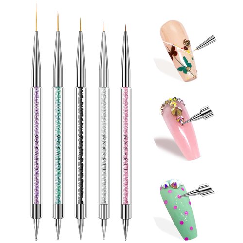 Makartt Double-Ended Nail Art Brushes Set, 5PCS Nail Design Brushes Dotting Pen Multifunctional Nail Design Tools Kit Including Nail Liner Brush and Nail Dotting Pens for UV Gel Nail Home Salon Use