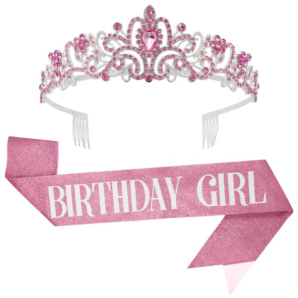 KatchOn, Pink Happy Birthday Sash and Tiara - Silver Rhinestone Tiara Set | Birthday Crown and Sash for Women | Glitter Crystal Hair Accessory for Queen's Birthday | Women Birthday Decoration