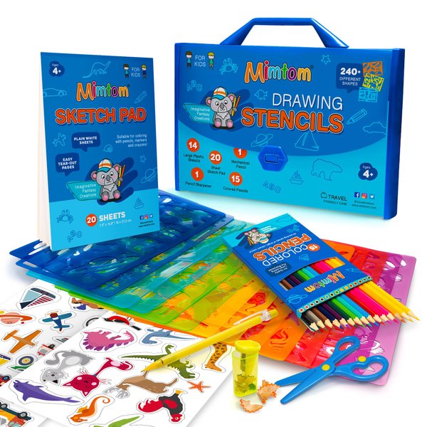 Mimtom Drawing Stencil Kit for Kids, 51 PC Art Set with 240+ Shapes, Sketch Pad, and Colored Pencils for Children's DIY Arts and Crafts, Draw with Animal, Letter and Car Stencils, Blue