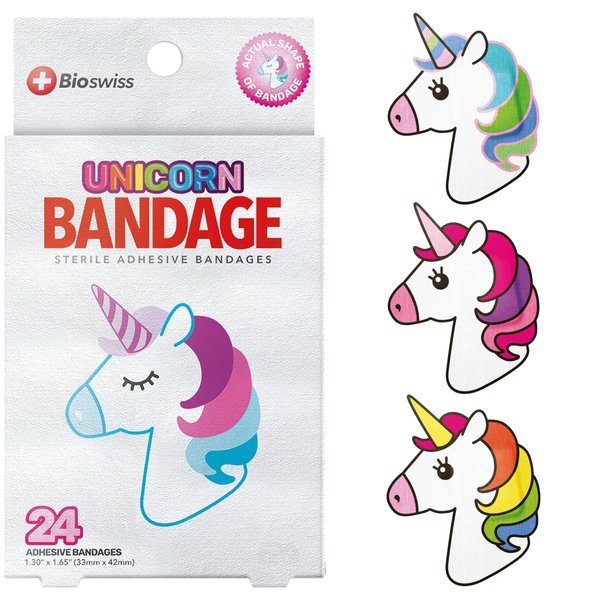 BioSwiss Bandages, Unicorn Shaped Self Adhesive Bandage, Latex Free Sterile Wound Care, Fun First Aid Kit Supplies for Kids, 24 Count