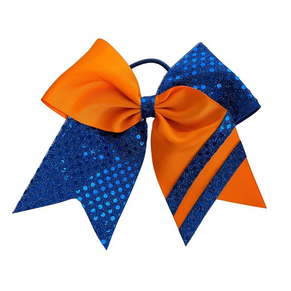 New "CONFETTI STRIPES Royal Blue Orange" Cheer Bow Pony Tail 7 Inch Girls Hair Bows Cheerleading Dance Practice Football Games Competition Birthday Tick Tock Grosgrain Ribbon