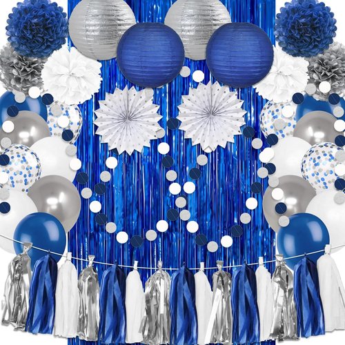 Navy Blue White Silver Party Decorations,46pcs Kit Blue White Silver Balloon Paper Pompom Tassel Garland Men Wedding Baby Bridal Shower Birthday Decor
