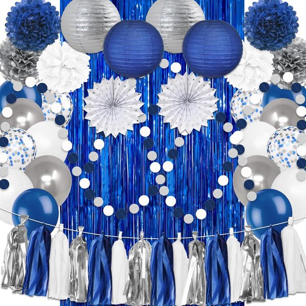 Navy Blue White Silver Party Decorations,46pcs Kit Blue White Silver Balloon Paper Pompom Tassel Garland Men Wedding Baby Bridal Shower Birthday Decor