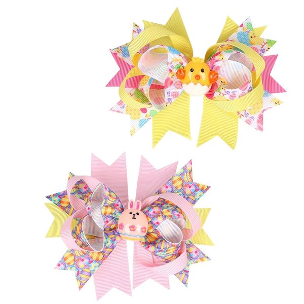 2 Packs Easter Bunny Hair Clips Hair Bow Clips with Cartoon Bunny and Chick Hair Bows Boutique Grosgrain Ribbon Hair Pins Lovely Easter Egg Rabbit Pattern Headwear Hair Accessories for Kids Girl