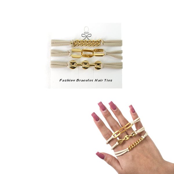 Hair Ties Bracelet With Metal Chain Link Beige Black Elastic, Wrist Bands Bracelets Looks Cute On Your Wrist And Great In Your Hair (Gold-3 metal accents)