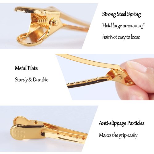 Metal Duck Bill Clips,3.5 Inches Rustproof Alligator Curl Clips with Holes Professional Sectioning Clips for Hair Styling,Hair Coloring,Makeup,Gold