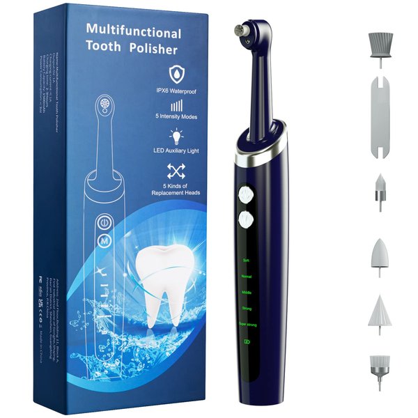 Jeyoe Teeth Polisher Stain Remover,Professional Dental Polisher with 5 Replacement Heads & Cleaning Modes,USB Rechargeable,Ipx6 Waterproof, Tooth Buffer Polisher for Adults &Kids Blue.
