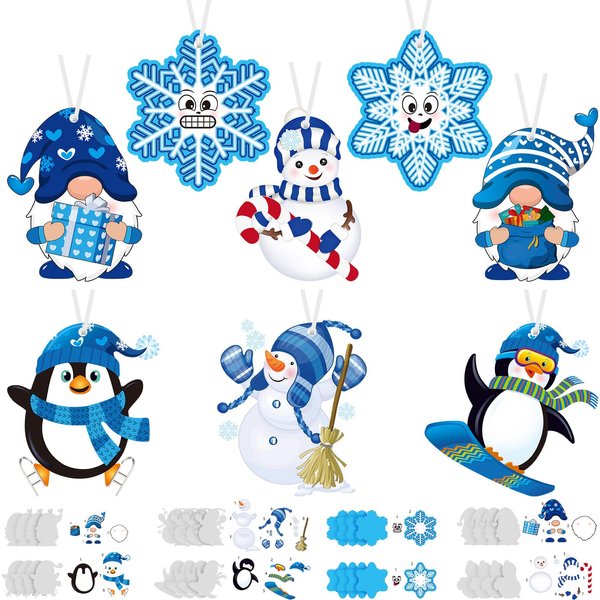 Sumind 24 Pcs Christmas Craft Kits for Kids, Winter DIY Crafts Ornament Snowman Snowflake Penguin Gnome Sticker Christmas Tree Ornament Kit for Holiday Party Favours Supplies