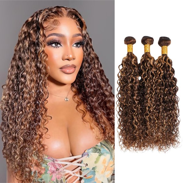 Water Wave Human Hair Bundles Ombre Honey Blonde Curly Bundles, P4/27 Highlighted Wet And Wavy Human Hair Bundles Weave Brown Piano Color, Soft & Shed-free 10A 100% Virgin Hair 3 Bundles 10 12 14 Inch