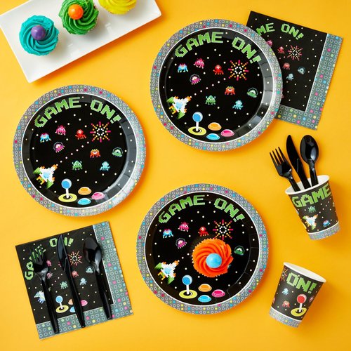 Juvale 144-Piece Retro Video Game Party Supplies - Includes Plates, Napkins, Cups, and Cutlery for Arcade Birthday Party Decorations (Serves 24)