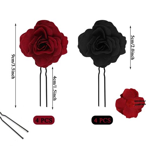 8 PCS Black Rose Flower Hair Clips U Shape Rose Floral Bobby Pins,Vintage Rose Hair Accessories for Women Girls Party Beach Wedding