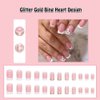 ANDGING French Tip Press on Nails Short Medium Coffin, White Fake Nails for Women with Glitter Gold Bing Heart Design, Square Glue on Nails False Nails, Stick on Nails for Wedding Birthday 24Pcs