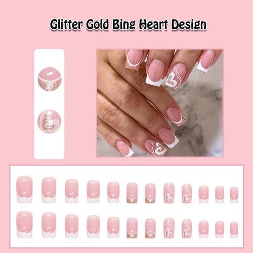 ANDGING French Tip Press on Nails Short Medium Coffin, White Fake Nails for Women with Glitter Gold Bing Heart Design, Square Glue on Nails False Nails, Stick on Nails for Wedding Birthday 24Pcs