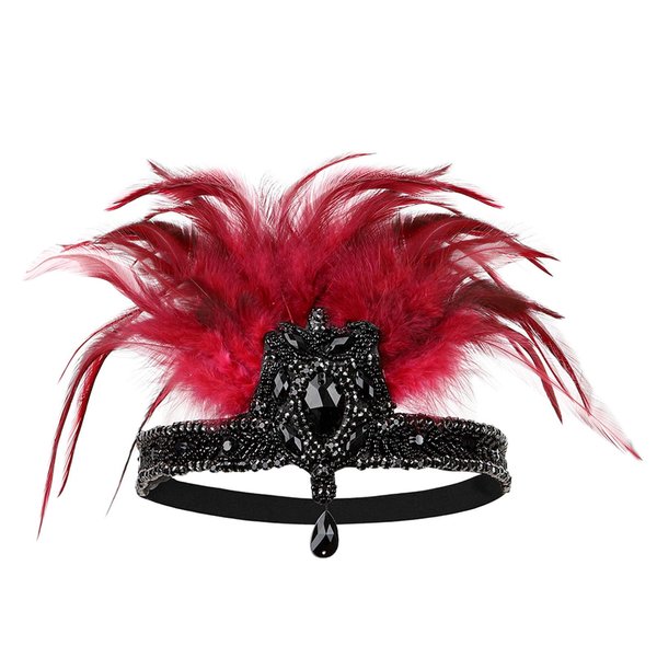 Art Deco 1920s Flapper Feather Headpiece Roaring 20s Great Gatsby Headband for Women Wine Red