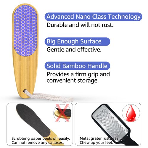 Nano Glass Foot File, Foot Rasp with Bamboo Handle Foot Scrubber Callus Remover Pedicure Foot Care to Remove Callus, Dead Skin and Cracked Heels - Bamboo