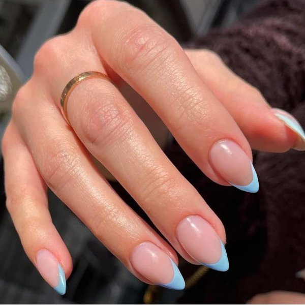 30 PCS Sky Blue French Tip Press on Nails Almond Short,SXVME Fake Nails Glue on Nails Medium Short,Gel Nails Static Nails,Acrylic Nails Press ons Medium,Short False Nails Stick on Nails for Women