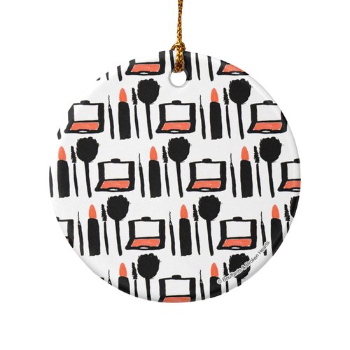 Makeup Lipstick Compact Eyeshadow Mascara Drawing Porcelain Holiday Christmas Tree Ornament - 2.8" (7.1 cm)