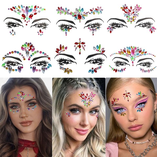 Face Gems 6 Sets Mermaid Face Jewels Self Adhesive Festival Gem Stickers Eyes Body Face Stickers Crystal Festival Accessory for Carnival, Party, Halloween