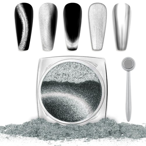 Laza Cat Eye Chrome Nail Powder Chameleon Magnetic Powder 9D Cat Eye Effect Mirror Effect Pigment Dust Magic Galaxy Holographic Effect Glitter with Magnetic Stick for Velvet Nail Art - Silver Velvet