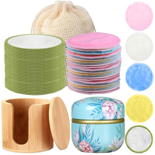 Reusable & Washable Makeup Remover Pads (40 Pack) & Bamboo Holder & Decorative Storage Tin & Washable Drawstring Laundry Bag | All Skin Type Skincare Set Facial Cleaning Cloth