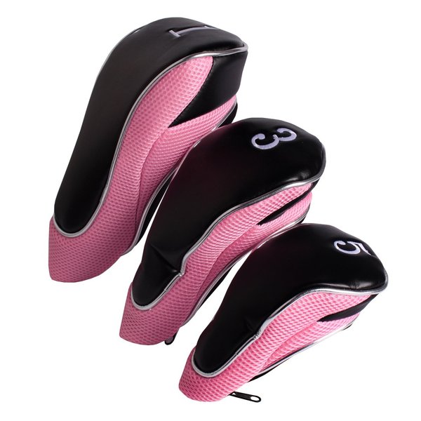 Andux Golf 460cc Driver Fairway Wood Head Covers with Zipper Closure Set of 3 (Black/Pink)