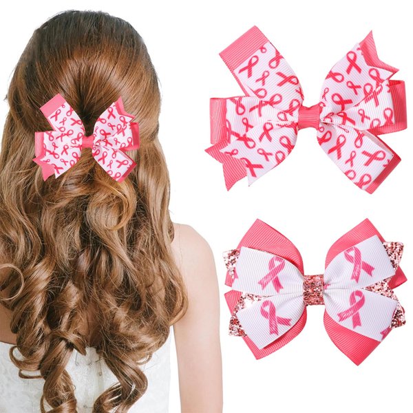 2PCS Breast Cancer Awareness Bows Hair Clips for Women Girls Glitter Pink Ribbon Alligator Barrettes Hairpins Pink Ribbon Awareness Cheer Bow for Breast Cancer Awareness Month Parade Party