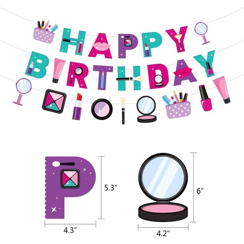 EVECILOO Makeup Birthday Banner, Spa Themed Party Makeup Happy Birthday Banner, Spa Party Decorations, Lipstick Banner, Girls Makeup Party DIY Decorations