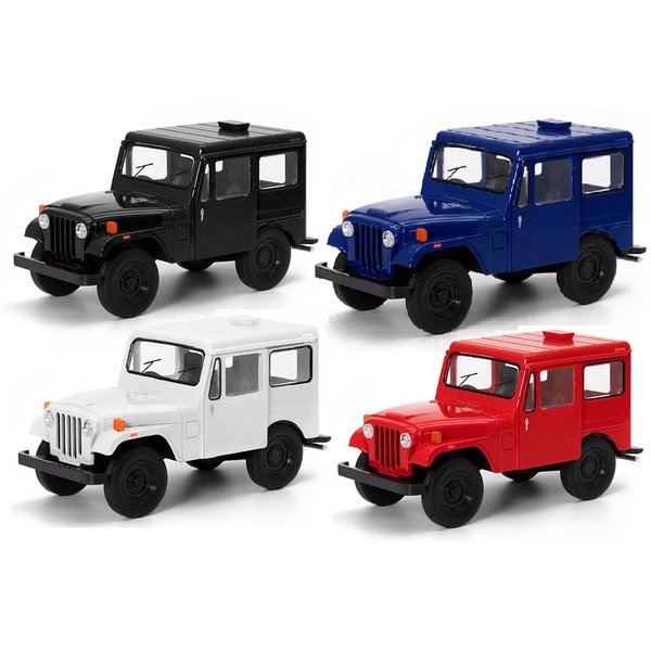KiNSMART SetOf4 1971 Jeep DJ-5B 5" 1:26 Scale Die Cast Metal Modle Toy Truck Black, White, Red, Blue