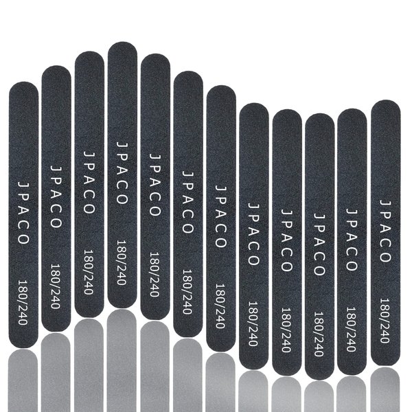 12-Pack Professional Nail Files: Double-Sided 180/240 Grit Emery Boards for Natural, Acrylic, Poly, and Gel Nails - Washable Black Manicure Tools Set by JPACO