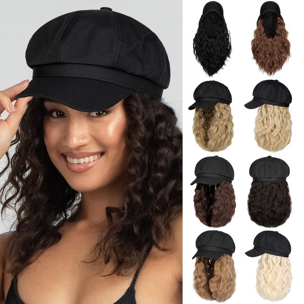 Lansigreen Newsboy Cap with Hair Extensions Short Curly Wavy Bob Hairstyle Wig Hat Beret 8 Panel Attached 14" Synthetic Hairpiece for Women Dark Brown