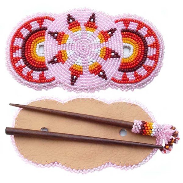 Handmade Beaded Indian Fashion Jewelery Barrette/Hair Clip, Seed Beaded Barrette With Wood Stick Slide Pink Star Rosettes Hair Accessories Z40/2