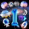 TMCCE 11 PCS Space theme Birthday Party Decoration Astronaut Spaceman Foil Balloons For 1st Outer Space Birthday Party Supplies (Blue-1th)