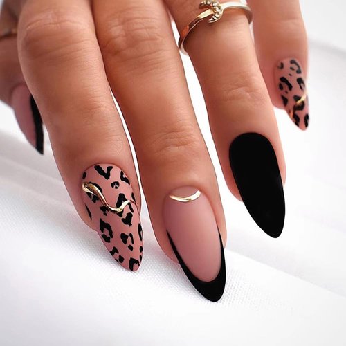 IFMOPETY 24Pcs Almond Press On Nails，Leopard Print French Tip Press On Nails，Black False Nail Kit，Reusable Stick On Nails in 12 Sizes - Fake Nails Kit