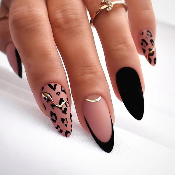 IFMOPETY 24Pcs Almond Press On Nails，Leopard Print French Tip Press On Nails，Black False Nail Kit，Reusable Stick On Nails in 12 Sizes - Fake Nails Kit