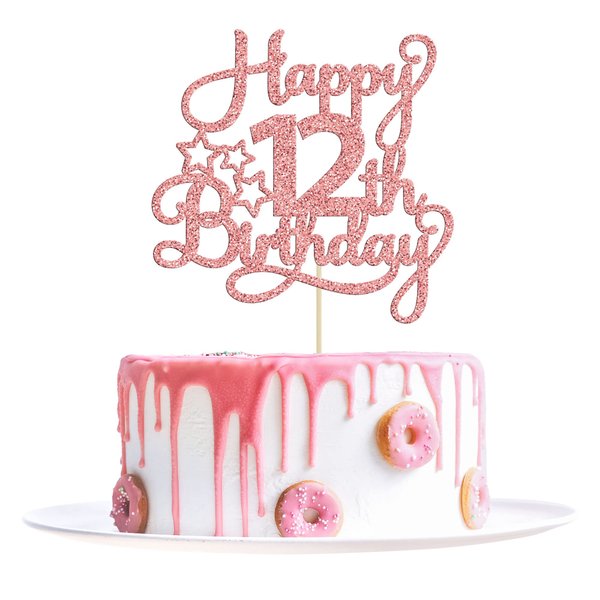 1 Pack Happy 12th Birthday Cake Topper Glitter Heart Star 12 Fabulous Cake Pick Birthday Sign Cake Decorations for Children 12th Birthday Theme Party Supplies Rose Gold