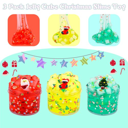 3 Pack Jelly Cube Crunchy Slime Kit, with Yellow, Red,Green Clear Crunchy Slime, Super Soft Sludge Toy,Cute Charms, Party Favors Slime for Girls and Boys