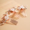 BERYUAN Wedding White Flower Rose Gold Leaf Pearls Crystal Rhinestone Hair Comb Pearls Teardrop Rhinestone Hair Piece Bride Headband for Bridal Women and Girls(3PCS) (rose gold)