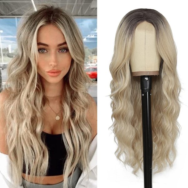 HMHIFI Long Blonde Wavy Wig for Women 26 Inch Curly Middle Part Lace Wig Natural Looking Upgraded Protein Fiber Hair Replacement Wig Cosplay Costume Halloween Wig(26'' Ombre Blonde)